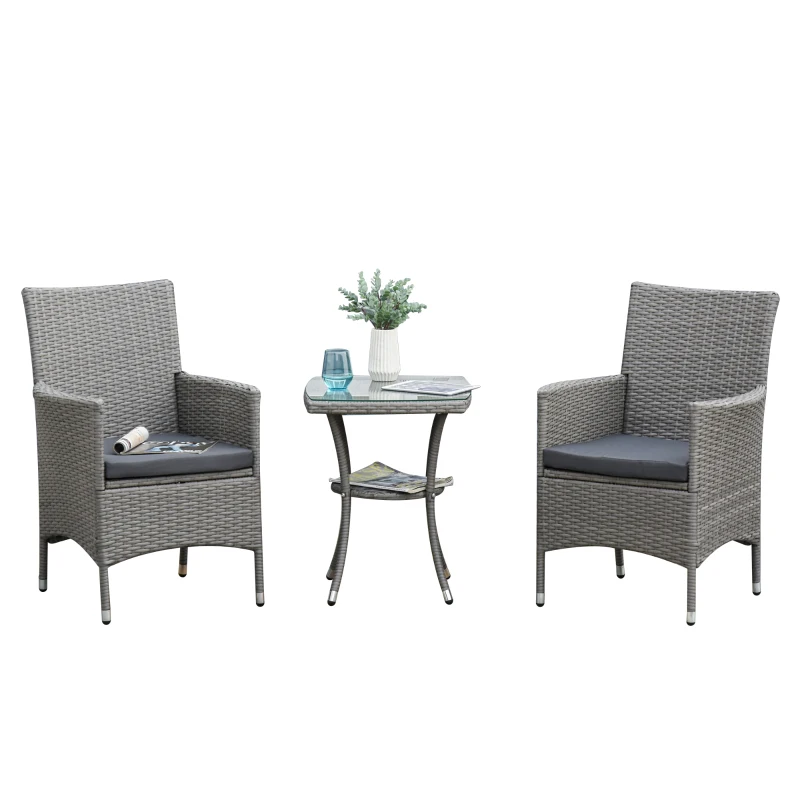 Outsunny Polyrattan Gartenmöbel Set, Outdoor Lounge Balkonmöbel für 2 Personen, 3-teilig Sitzgruppe, 2 Stühle, Tisch Sitzkissen, Gartenlounge für Garten, Terrasse, Balkon, Grau