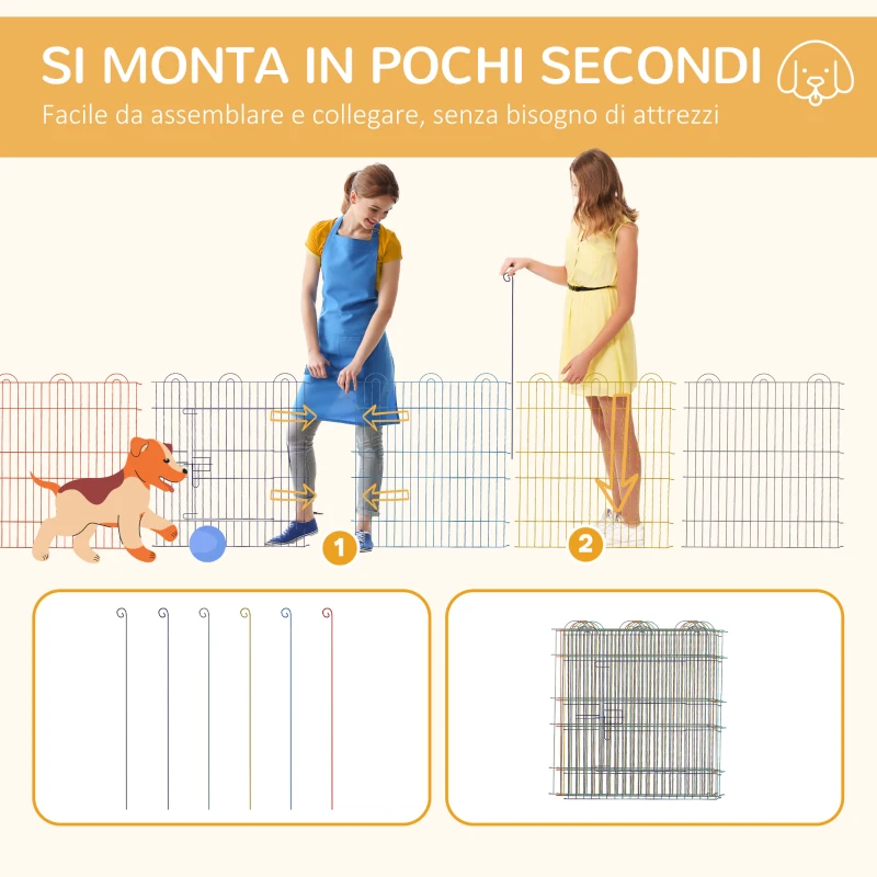 PawHut Cancellino per Cani a 6 Pannelli in Metallo con Chiusura a Scatto, Ø120x60 cm, Multicolore