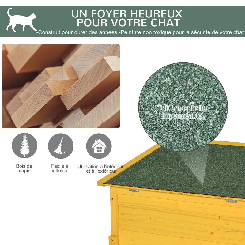 PawHut Maison pour chat en bois niche d'extérieur toit résistant à l'eau avec porte et fenêtre jaune