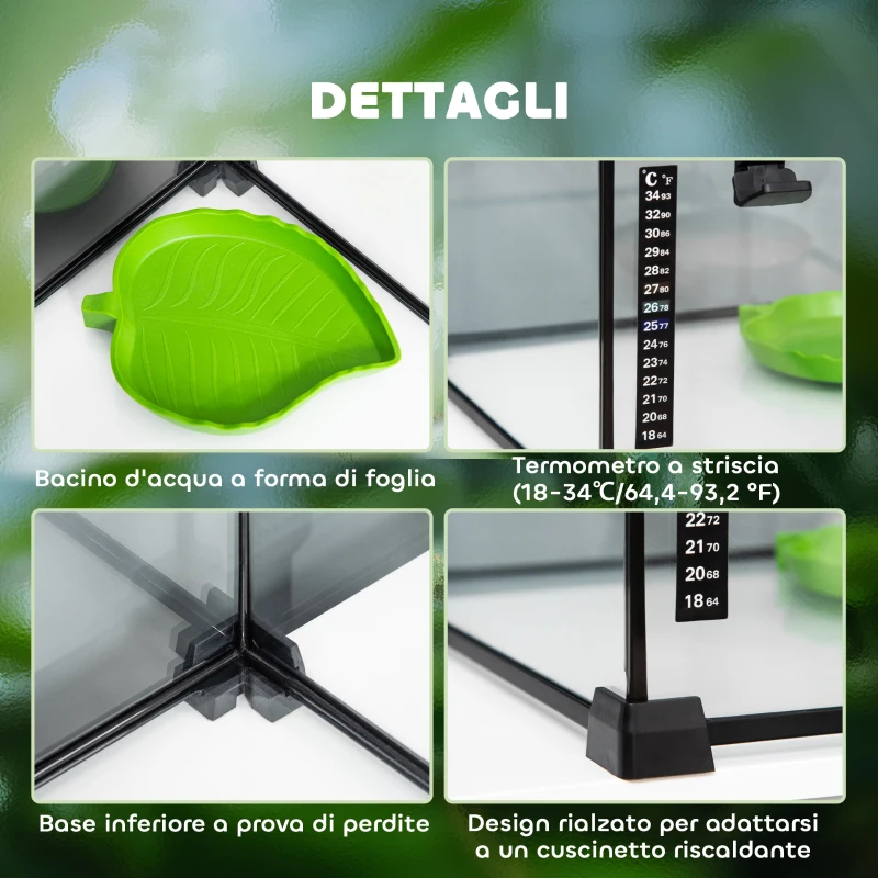 PawHut Terrario per Rettili Rialzato con Serratura e Termometro, in Vetro e Rete Metallica, 50x30x25 cm, Nero