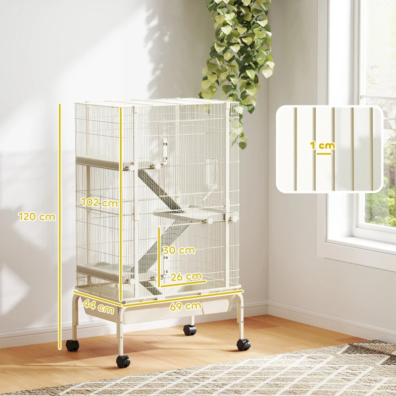 PawHut Kleintierkäfig, Haustierkäfig mit 4 Ebenen, Futterschale, Wasserflasche, 88 x 48 x 150,5 cm, Beige(m-3)