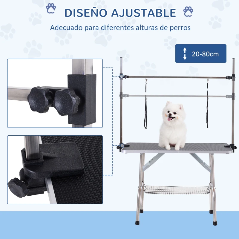 PawHut Mesa de Peluquería para Mascotas Mesa de Aseo Plegable con Estante de Almacenamiento Altura Ajustable 20-80 cm 107x60x170 cm Negro
