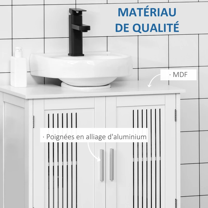 kleankin Meuble sous lavabo salle de bain - meuble sous-vasque - 2 portes rainurées avec étagère réglable - poignées alliage aluminium - dim. 60L x 30l x 60H cm - MDF blanc