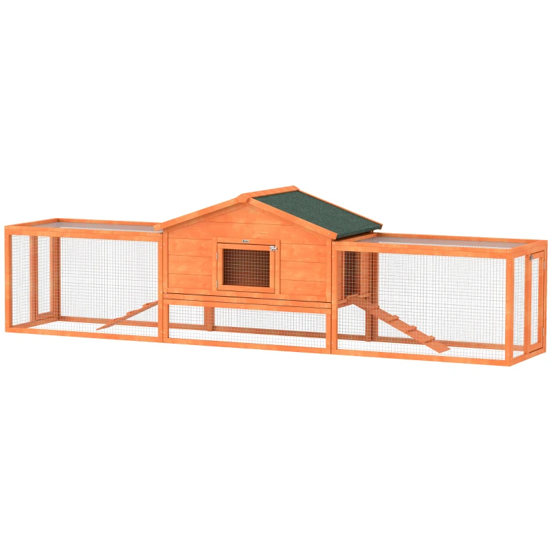 PawHut Wooden Rabbit Hutch with Run, Tray, Ramps, Asphalt Roof, 309 x 70 x 87cm, Orange