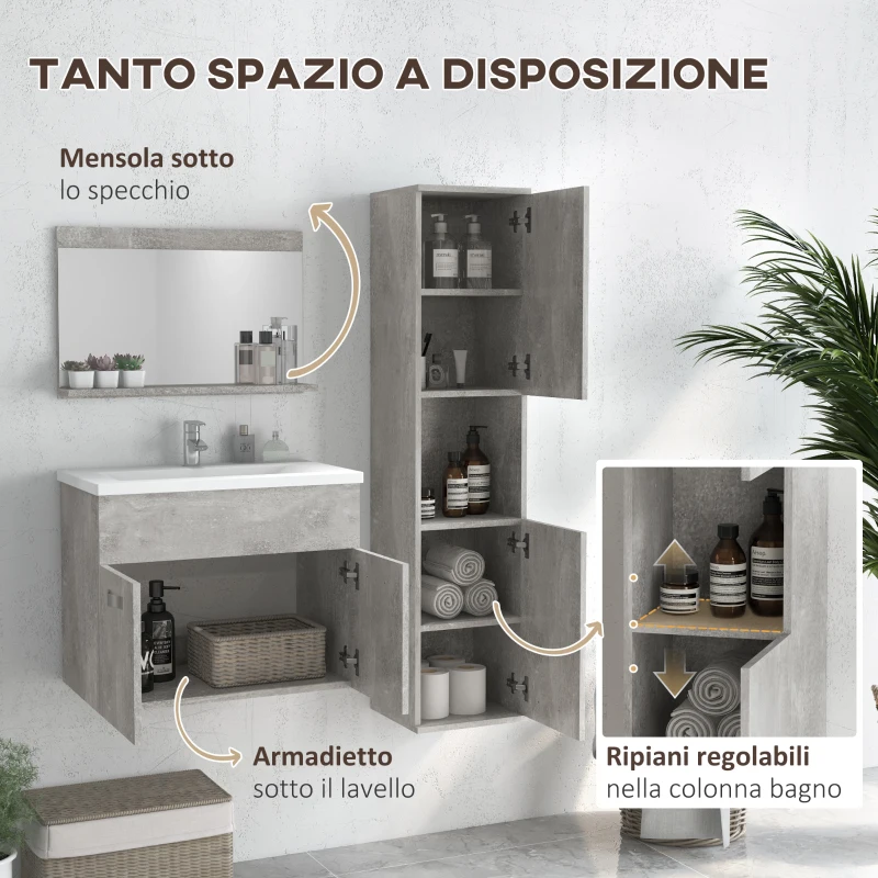 kleankin Set Mobili Bagno da 4 Pezzi con Lavabo da 60cm, Mobiletto, Colonna Bagno e Specchiera in Legno, Grigio