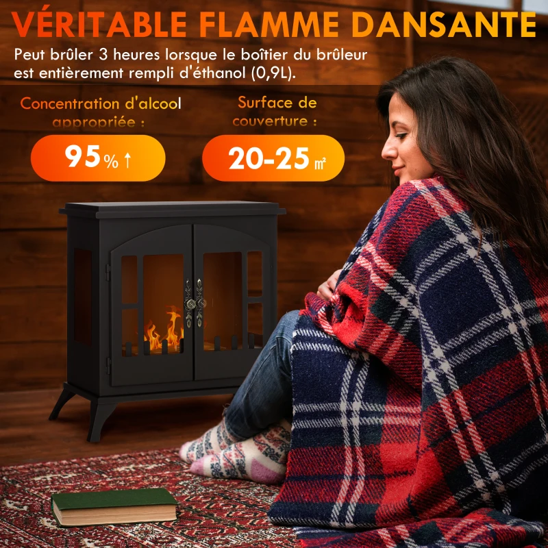 HOMCOM Cheminée à l'éthanol bioéthanol sur pieds avec réservoir 0,9 L environ 3 h de durée de combustion couverture 25 m² noir