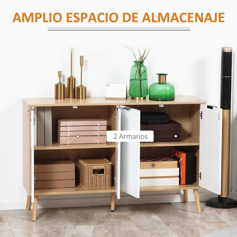 HOMCOM Mueble Buffet Auxiliar con Estantes Ajustables 2 Armarios y Antivuelco Carga 50 kg 120x35x77,4 cm Blanco y Natural(m-4)