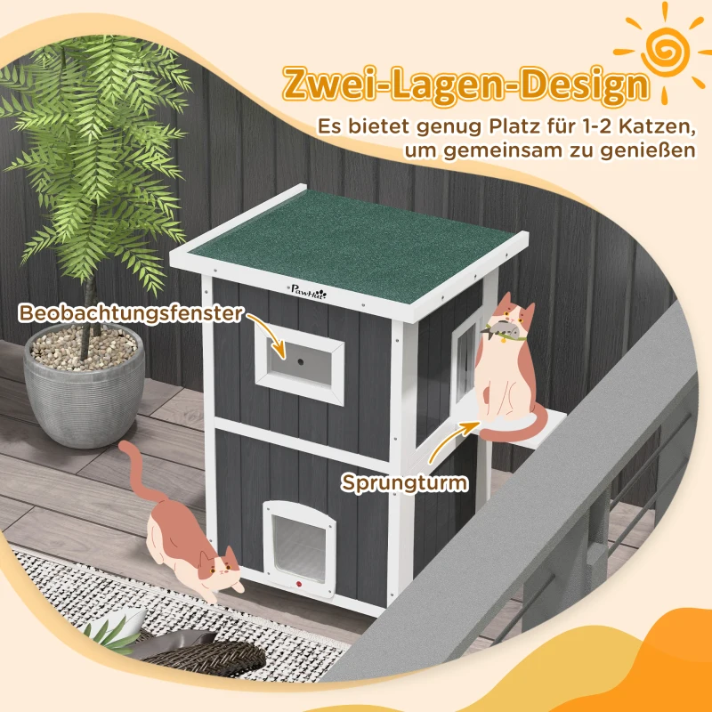 PawHut Katzenhaus Katzenhütte Katzenhöhle, Outdoor, wetterbeständig, 60 x 60 x 90, 5 cm, Grau + Weiß