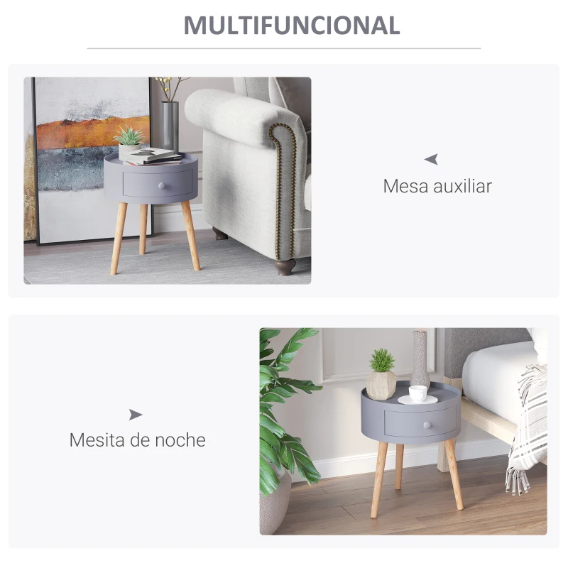 HOMCOM Mesita de Noche con 1 Cajón Mesa Auxiliar Redonda con Borde Elevado y 3 Patas de Madera para Dormitorio Sala de Estar Estilo de Moderno Ø38x45 cm Gris