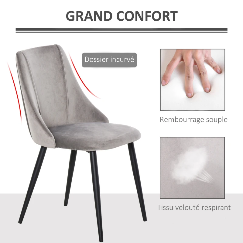 HOMCOM Lot de 2 chaises de salle à manger avec dossier assise rembourrée en velours pieds en métal gris