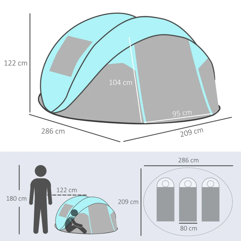Outsunny Tenda da Campeggio 3 Persone a Cupola, Tenda Pop-Up Automatica a Igloo, 286x209x122cm, Azzurro