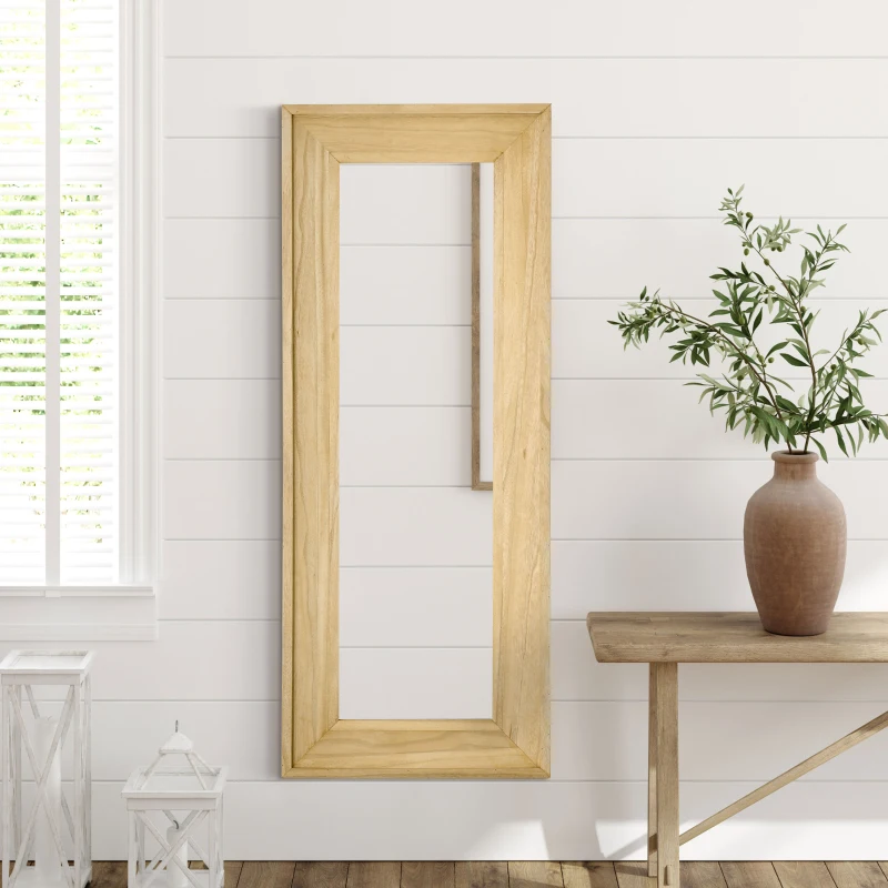 HOMCOM Wandspiegel 150 cm x 60 cm x 4,5 cm Ganzkörperspiegel Spiegelglas Tannenholz Natur