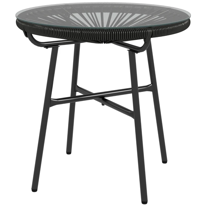 Outsunny Rattan Side Table, Round Outdoor Coffee Table, with Round PE Rattan and Tempered Glass Tabletop for Patio, Garden, Balcony, Black