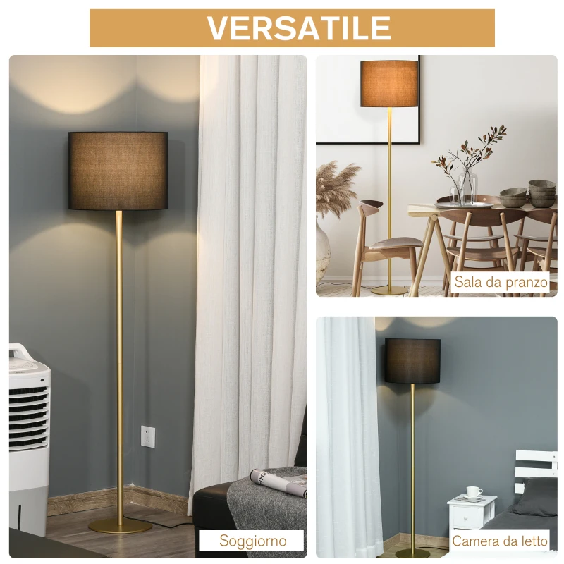 HOMCOM Lampada a Piantana da Terra con Paralume in Stoffa, Lampada da Terra Moderna per Soggiorno, Camera da Letto e Ufficio, Nero e Oro