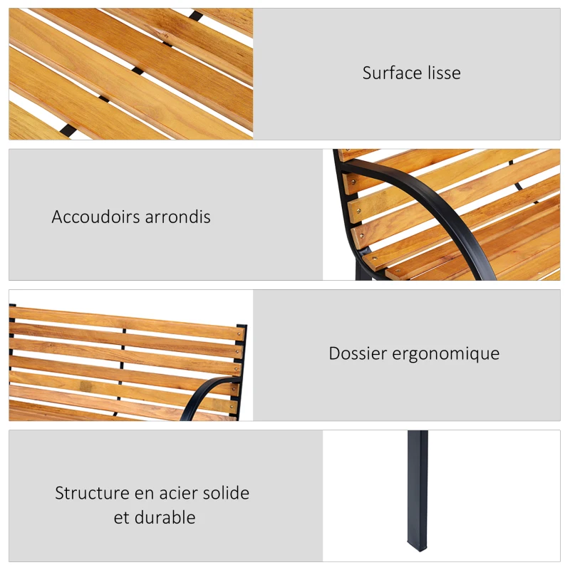 Outsunny Banc de Jardin 2 Places Style Rural Chic Assise Dossier à Lattes Bois Naturel lasuré châssis Acier époxy Noir