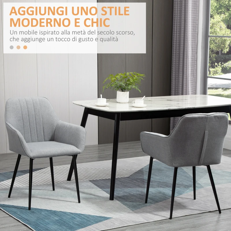 HOMCOM Set 2 Sedie da Pranzo Imbottite con Rivestimento e Schienale, in Lino e Gambe in Ferro, Stile Scandinavo, 59.5x56.5x81 cm, Grigio