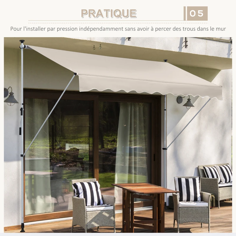 Outsunny Store banne Manuel rétractable 4L x 1,2l m Auvent Téléscopique sans Perçage Inclinaison et Hauteur réglable Installation Rapide métal alu Polyester Anti-UV kaki