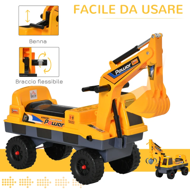 HOMCOM Ruspa Giocattolo 2 in 1 con Escavatore e Mordente, Vano Nascosto, Gioco Cavalcabile Bambini 2-3 Anni, 90x28x58cm, Giallo