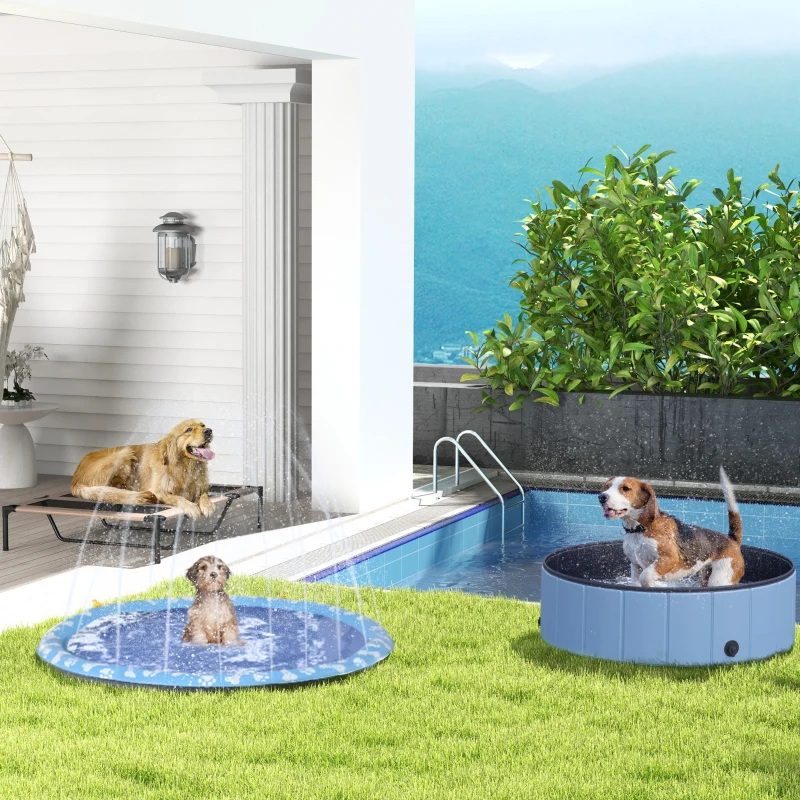 PawHut Hundebadewanne faltbar Badewanne Hundepool Plantschbecken Swimmingpool Wasserbecken für Hunde und Katzen Schwimmbecken Kunststoff+Holz Blau Ø100 x H30 cm