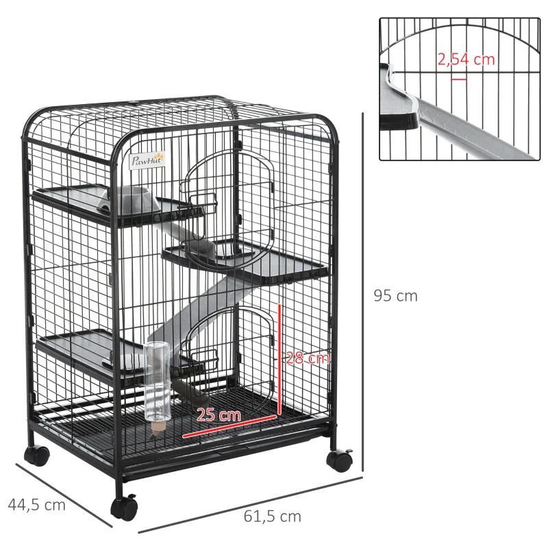 PawHut Kleintierkäfig rollbarer Nagerkäfig 3-stöckiger Tierkäfig mit Hängematten 2 Türen Metall 64 x 43,5 x 93 cm