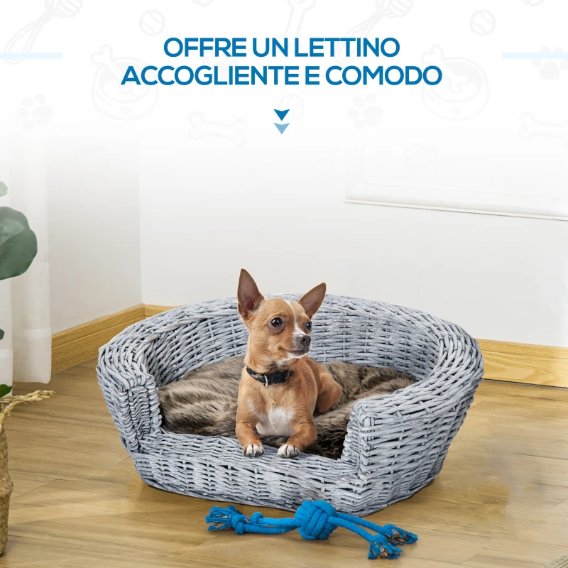 PawHut Cuccia per Gatti Cani Animali Domestici con Cuscino Morbido per Interno Rattan 57 × 46 × 17.5cm