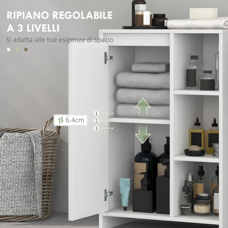 HOMCOM Mobiletto Bagno con 3 Ripiani Aperti e Armadietto a un'Anta con Mensola Regolabile, 53x30x80cm, Bianco