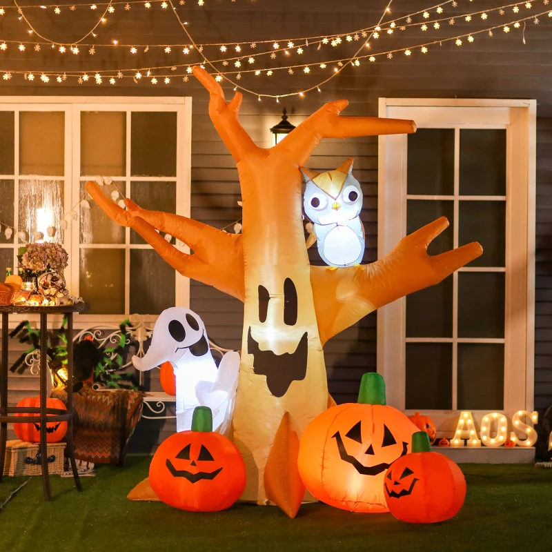 HOMCOM Albero Gonfiabile Halloween Natale con Zucche Fantasma Gufo Luci LED per Casa e Giardino Altezza 240cm