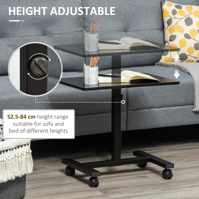HOMCOM Laptop Table Height Adjustable, Mobile Laptop Stand with Wheels, Sofa Side Table for Home Office, Black