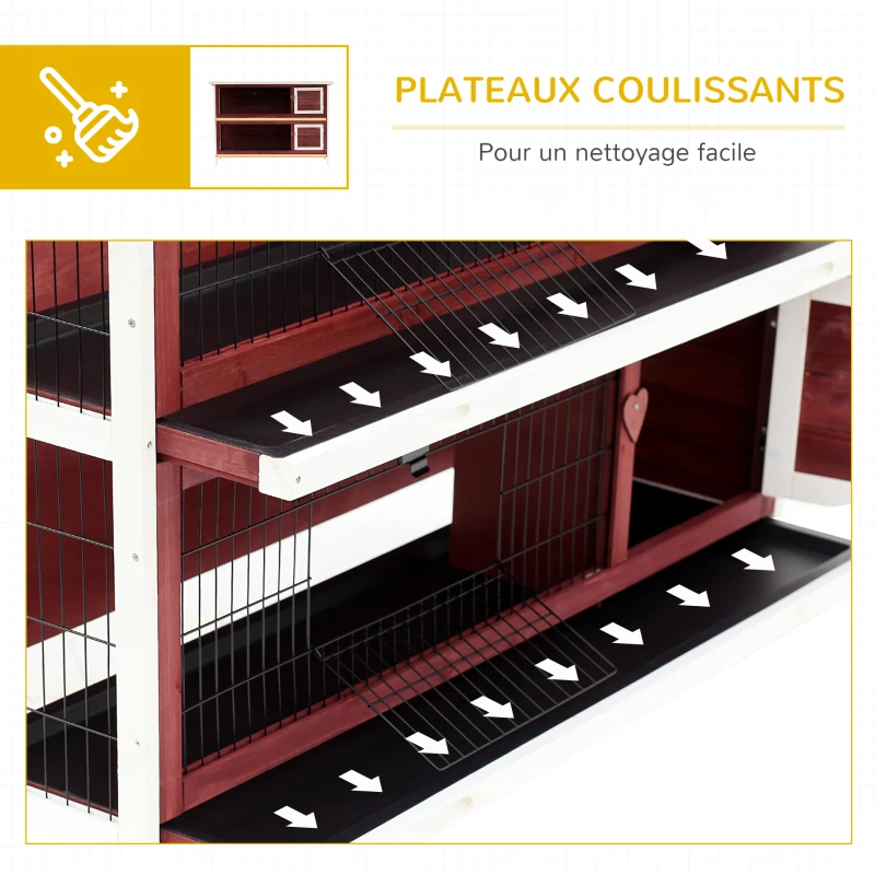PawHut Clapier sur pieds cage à lapin double niveau plateaux excréments coulissants 4 portes verrouillables toit ouvrant 136L x 50l x 93H cm rouge brique