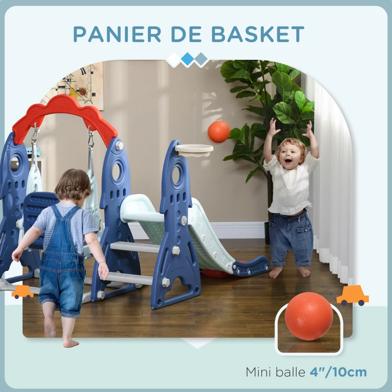 AIYAPLAY Ensemble toboggan et balançoire pour enfants 3 en 1 avec panier de basket, 155L x 136l x 114H cm bleu