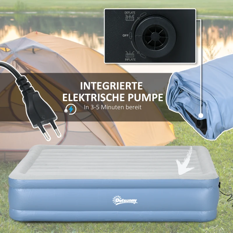 Outsunny Campingmatratze für 2 Personen, aufblasbar, eingebaute Pumpe, Tragetasche, 203 x 152 x 46 cm, Hellblau