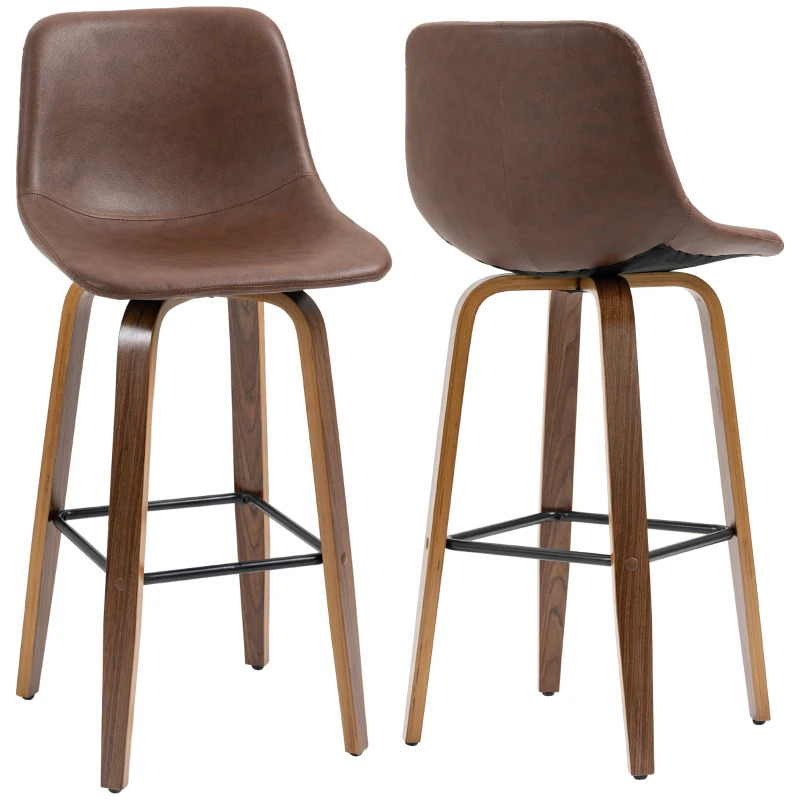 HOMCOM Bar Stools Set of 2, Breakfast Bar Chairs, PU Leather Upholstered Kitchen Stools with Backs and Wood Legs, Brown