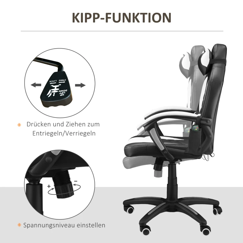 HOMCOM Bürostuhl Massagesessel Massagefunktion mit 6 Vibrationspunkte Ergonomischer Gaming Stuhl mit Wärmefunktion Kunstleder Weiß 68 x 69 x 108-117cm