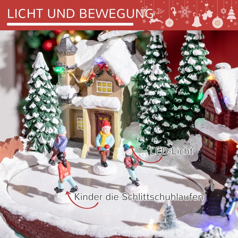 HOMCOM Weihnachtsdeko, Weihnachtsdorf, 13 bunte LEDs, bewegliche Schlittschuhläufer, 30 x 24,5 x 23cm