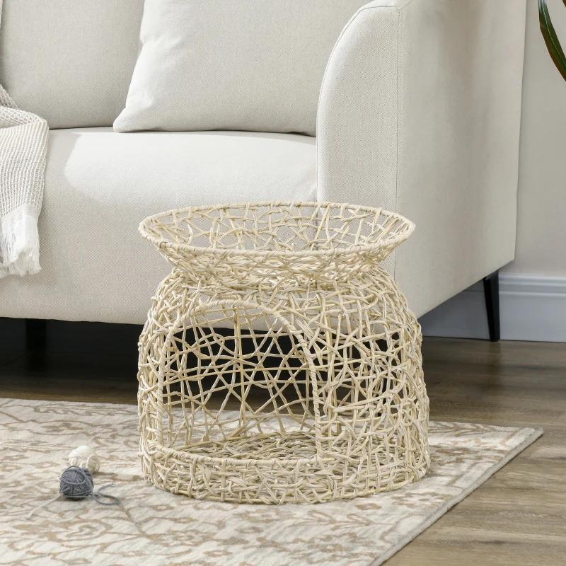 PawHut Katzenhaus aus PE-Rattan, 2 Etagen, Katzenhöhle mit Kissen, 42 cm x 42 cm x 40 cm, Beige