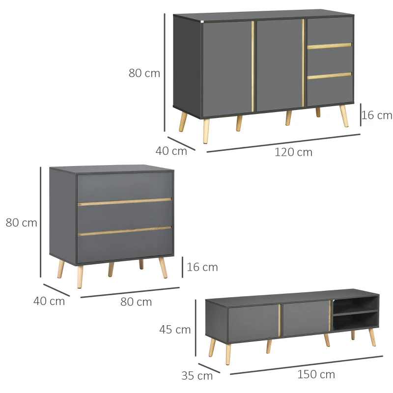 HOMCOM Ensemble de commode 3 tiroirs, buffet et meuble TV - meuble de rangement - banc TV pour télévision jusqu'à 55 pouces