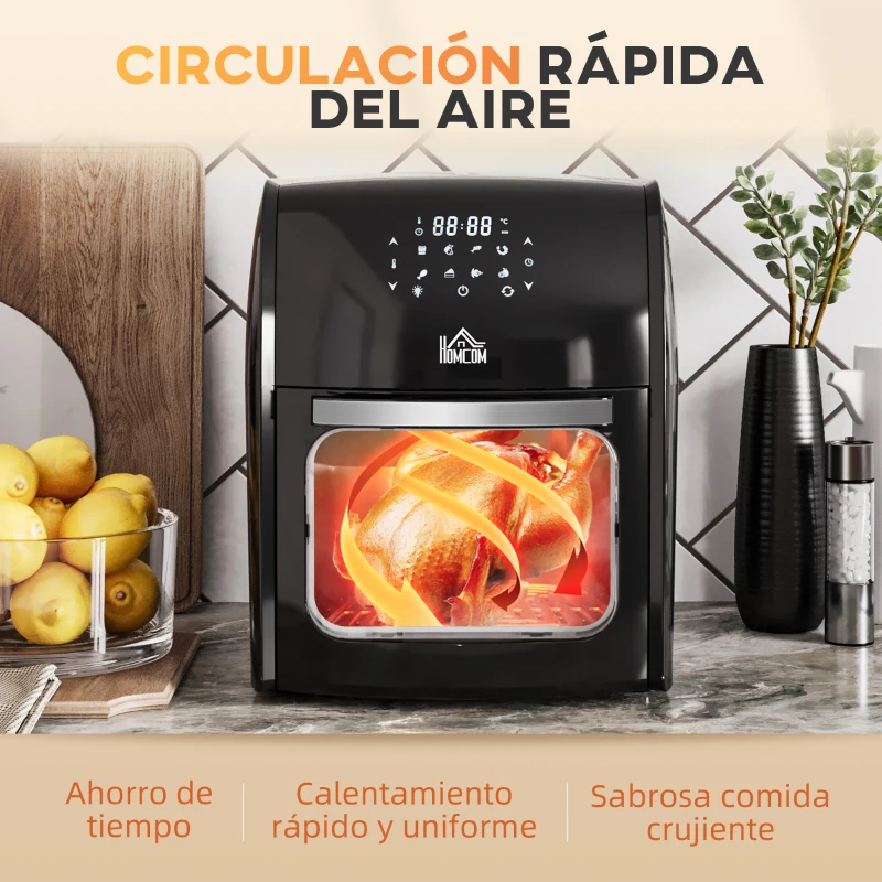 HOMCOM Freidora sin Aceite 3 en 1 12L 1800W Horno de Aire Deshidratador con 8 Programas Pantalla Digital 35x33,5x40 cm Negro