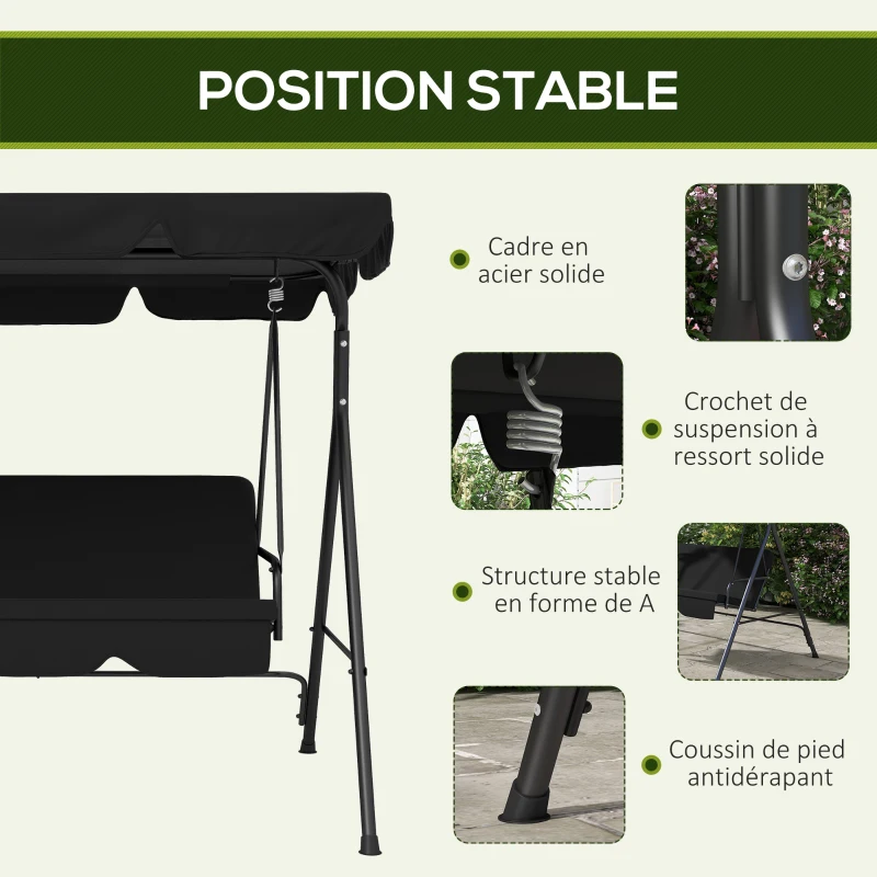 Outsunny Balancelle de Jardin 3 Places Toit Inclinaison réglable Coussins Assise et Dossier Acier Noir Polyester Noire