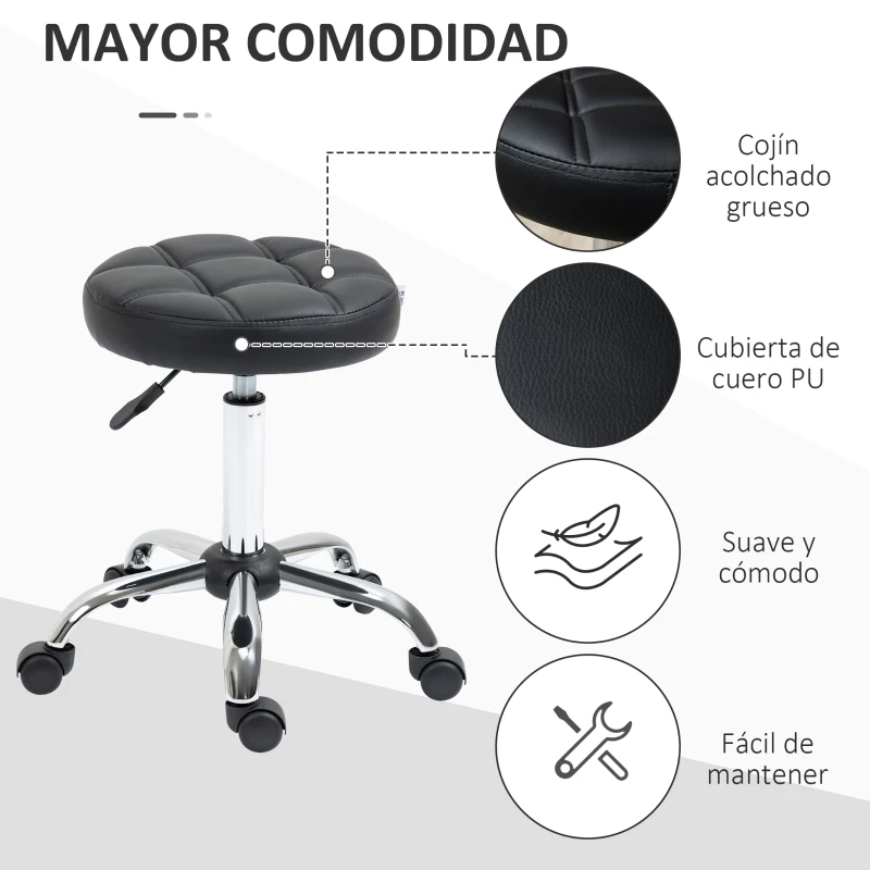 HOMCOM Taburete Giratorio con Ruedas Regulable en Altura de 48-63 cm Taburete de Trabajo Tapizado en Cuero PU para Peluquería Cosmética Dentista Diámetro Ø35,5 cm Negro