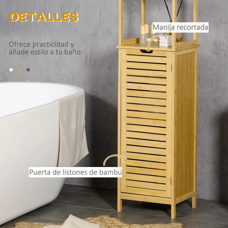kleankin Estantería de Baño de Bambú Armario Alto para Baño con 3 Estantes y 1 Puerta Mueble Columna de Almacenaje 34x30x173 cm Natural