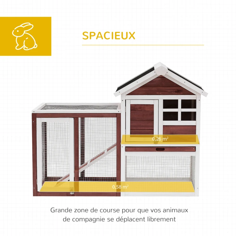 PawHut Clapier cage à lapins multi-équipé : niche supérieure avec rampe, plateau excrément, fenêtre + enclos  extérieur sécurisé 2 portes 122L x 63l x 92H cm rouge brique