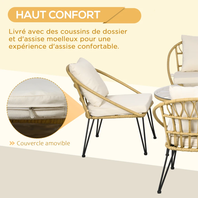 Outsunny Ensemble salon de jardin 5 pièces avec 4 fauteuils et 1 table basse ronde style bohème 8 coussins résine tressée