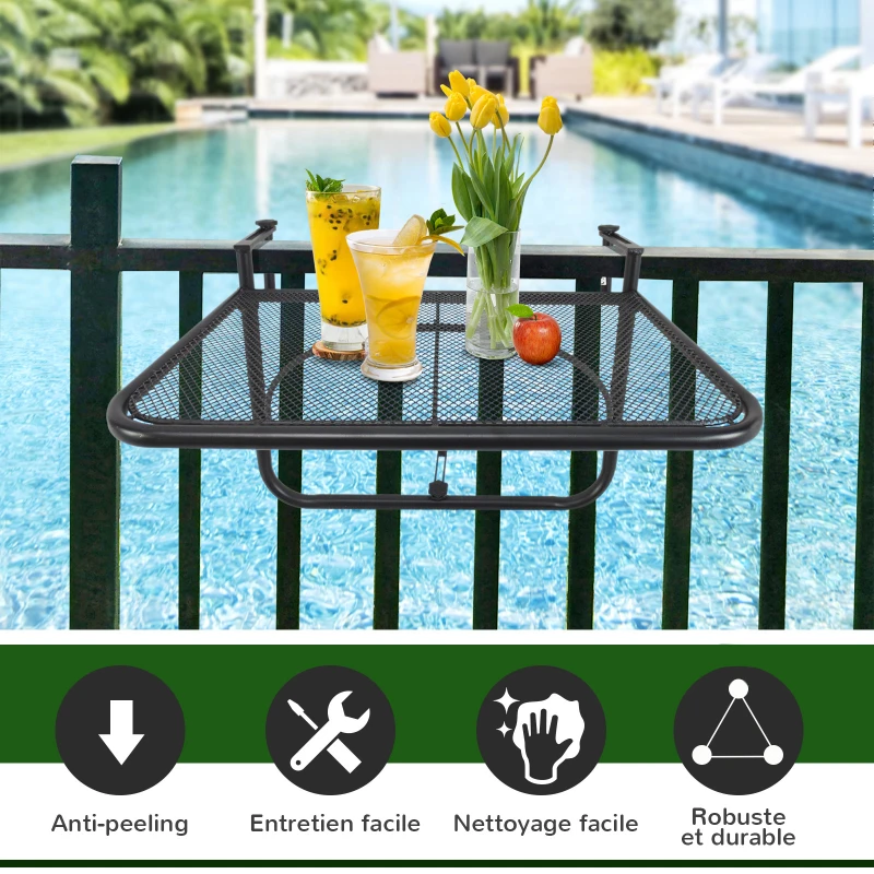 Outsunny Table Suspendue pour Balcon dim. 60L x 56,5l cm Hauteur réglable 3 Niveaux métal époxy Noir