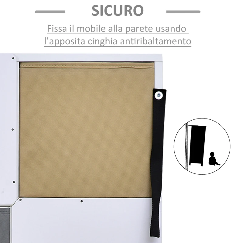 HOMCOM Armadietto Libreria in Legno Bianco 8 Ripiani e 4 Cassetti Pieghevoli in Tessuto Grigio e Marrone 54.5x24x122.5cm