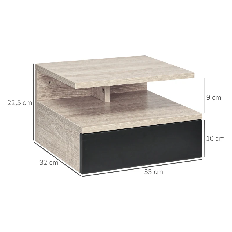 HOMCOM Juego de 2 Mesitas de Noche Flotantes Mesitas de Noche Colgantes con 1 Cajón y Estante Abierto para Dormitorio 35x32x22,5 cm Roble y Negro