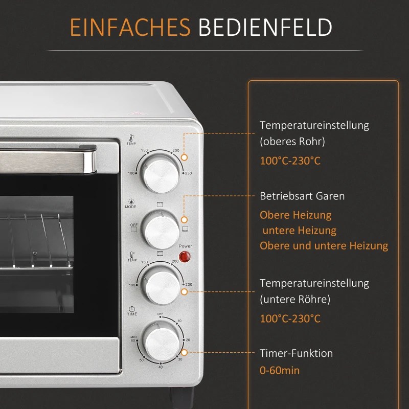 HOMCOM Mini Backofen 32L 100 °C-230 °C 1600 W Mini Ofen mit Backblech Krümelblech Grillrost und 3 Kochmodi Pizzaofen mit Timer Backblech-Griff Edelstahl Silber