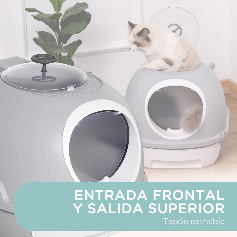 PawHut Caja de Arena para Gatos Arenero Cerrado con Claraboya Abatible Bandeja Extraíble y Pala 47x55x44 cm Gris