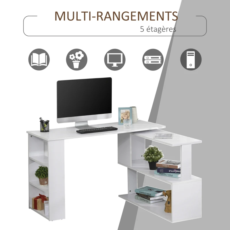 HOMCOM Bureau d'angle table de salle à manger avec rangement bureau informatique modulable bibliothèque intégrée + étagère 3 niveaux blanc