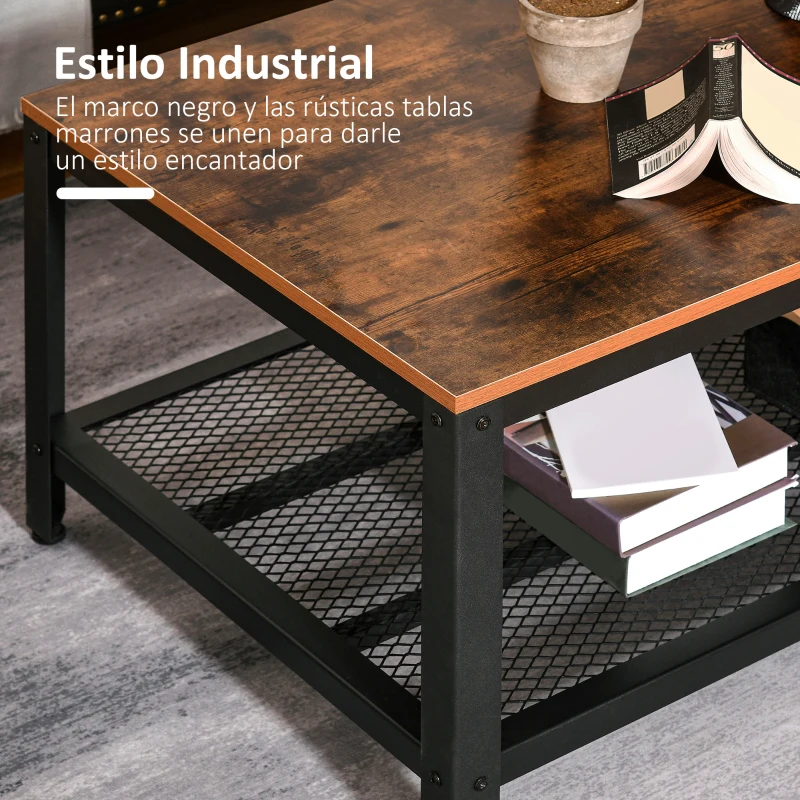 HOMCOM Mesa de Centro Mesa Baja Industrial con Estante de Rejilla y Patas de Metal para Salón 106x60x45 cm Marrón y Negro