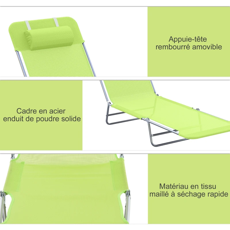 Homcom Chaise Longue Pliante Bain de Soleil inclinable transat textilene lit Jardin Plage Vert